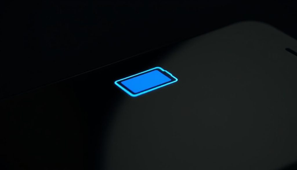 A detailed close-up shot of an iPhone 12's battery life indicator, glowing with a vibrant blue-green hue against a sleek, minimal black background. The battery level is displayed prominently, showcasing the device's impressive longevity. Soft, directional lighting accentuates the screen's glossy finish, creating a sense of depth and texture. The composition is balanced, with the battery icon strategically placed to draw the viewer's attention. The overall atmosphere is one of sophistication and technological prowess, befitting the high-end nature of the iPhone 12.
