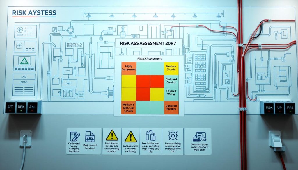 A detailed risk assessment diagram for electrical systems, showcasing various risk factors and mitigation strategies. The foreground features a central grid schematic with color-coded risk levels, such as high-risk components in red, medium-risk in yellow, and low-risk in green. The middle ground depicts icons representing common electrical hazards, like overloaded circuits, outdated wiring, and malfunctioning breakers. The background showcases a technical blueprint-style illustration of an electrical infrastructure layout, providing context and scale. The lighting is crisp and technical, with a cool, analytical tone to convey the seriousness of the subject matter. The overall composition and style are designed to clearly communicate the key elements of a thorough electrical system risk assessment.