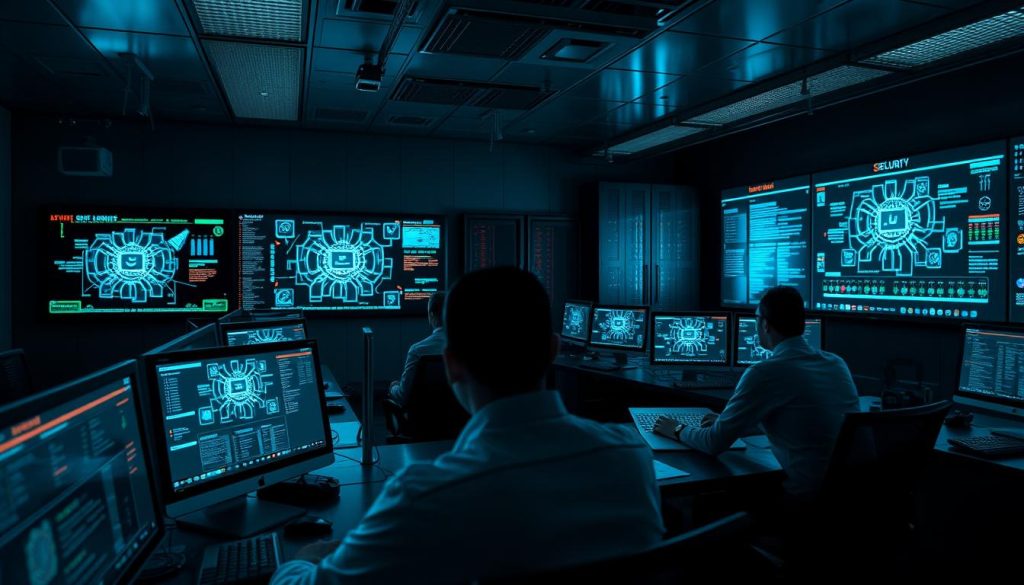 A dimly lit control room with rows of computer monitors and panels displaying real-time SCADA system data. Holographic security interfaces project intricate network diagrams and threat alerts, casting a soft blue glow across the faces of the cybersecurity analysts intently monitoring the systems. Towering server racks hum in the background, their blinking lights mirrored in the glossy surfaces of the workstations. High-resolution security cameras observe every corner, while advanced intrusion detection sensors watch for any anomalies. The air is thick with an atmosphere of vigilance and technical precision, as the team works tirelessly to safeguard the critical electrical infrastructure.