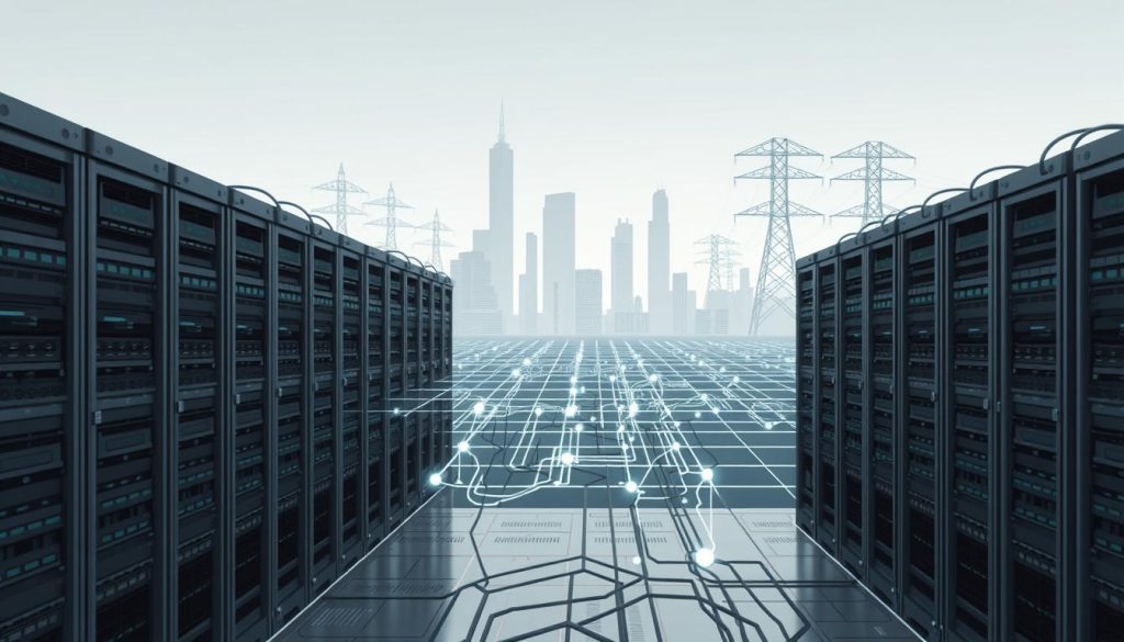 A highly detailed and technical illustration of network segmentation in a cybersecurity context. The foreground depicts a series of interconnected server racks, routers, and switches, showcasing the intricate web of devices that comprise a secure network infrastructure. The middle ground features a grid-like visualization of network traffic, with data packets flowing between various segments, illustrating the concept of network segmentation. In the background, a cityscape of skyscrapers and electrical towers symbolizes the broader context of critical infrastructure security. The scene is rendered in a sleek, futuristic style, with muted tones and subtle highlights, creating an atmosphere of technical precision and cybersecurity vigilance.