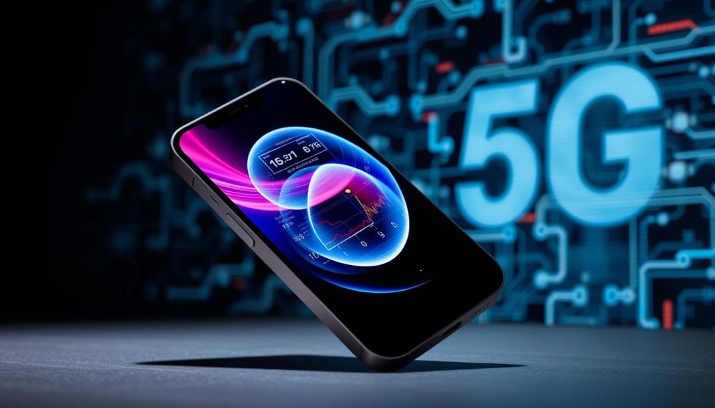 A sleek, metallic iPhone 12 against a blurred 5G network backdrop. The phone's screen displays vibrant graphics and data visualizations, showcasing its lightning-fast performance and low-latency connectivity. Dramatic lighting casts dynamic shadows, emphasizing the device's premium design and technical capabilities. The scene conveys a sense of power, speed, and the future of mobile technology.